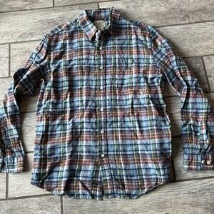 L.L.Bean Linen Shirt Mens Large Button Up Plaid Long Sleeve Slightly Fitted